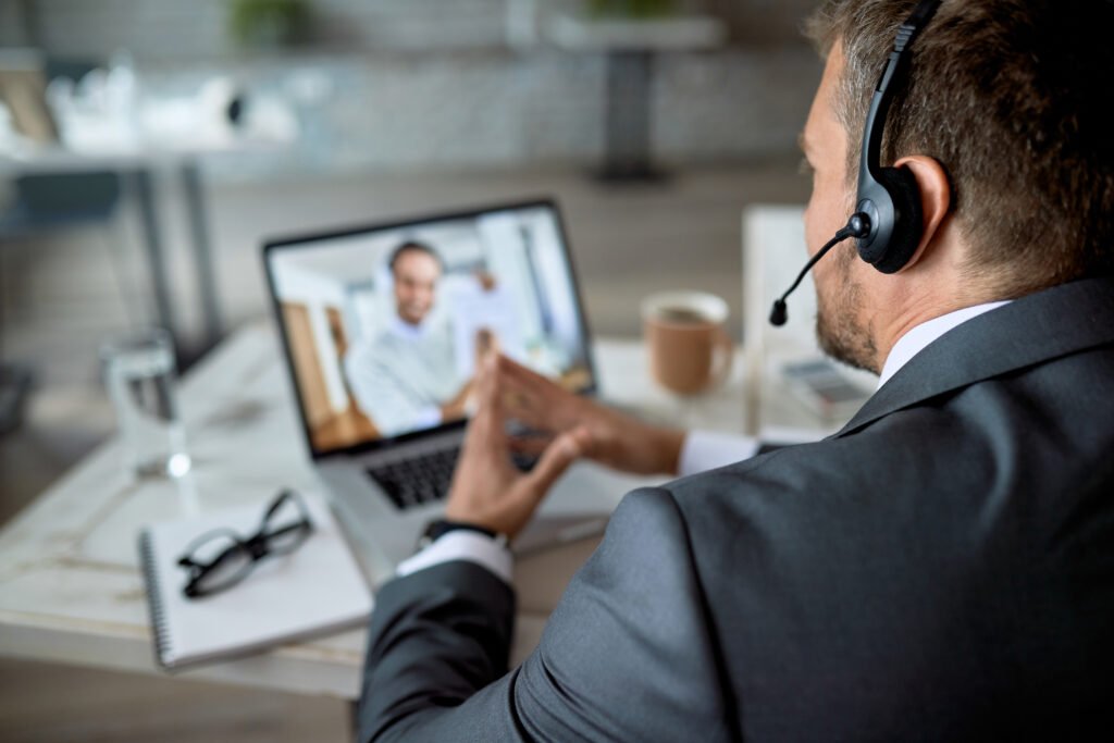 close up of a businessman making video call from his office.